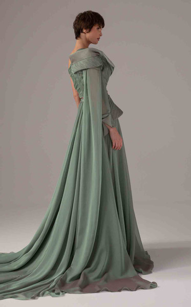 MNM Couture E0097 Asymmetric Neck Single Long Sleeve Gown