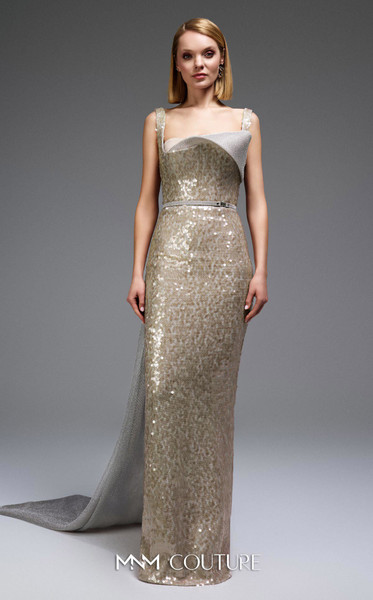 MNM Couture E0108 Sequin Embellished Strap Sleeves Gown