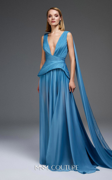 MNM Couture E0121 Deep V-neck Pleated Corset Sleeveless Gown