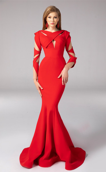 MNM Couture F02829 Criss-cross High Neck Long Sleeves Gown