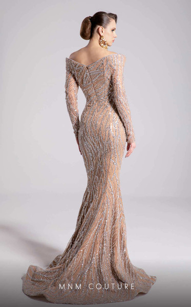 MNM Couture F02900 Sequined Mesh Embroidery Long Sleeve Gown