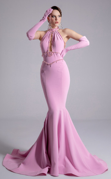 MNM Couture F02903 Rayon Crepe Beaded Halter Neckline Gown