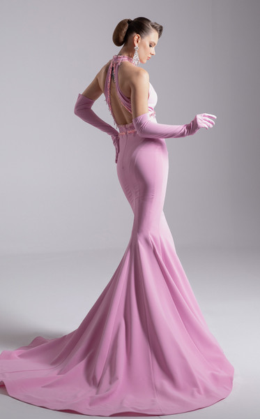 MNM Couture F02903 Rayon Crepe Beaded Halter Neckline Gown