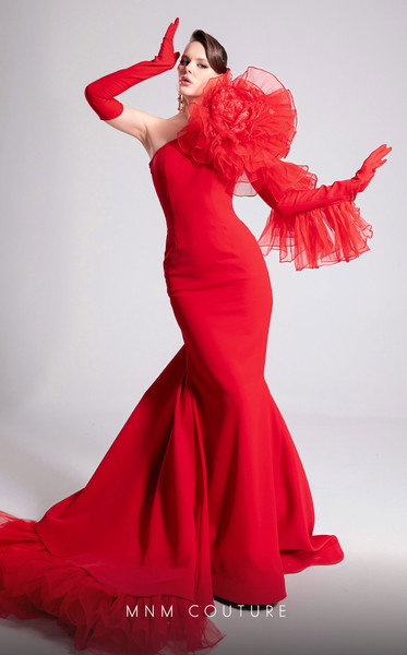 MNM Couture F02906 Floral Bold Shoulder Asymmetric Neck Gown
