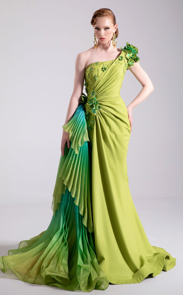 MNM Couture F02911 Rayon Crepe Ruffle One-Shoulder Long Gown