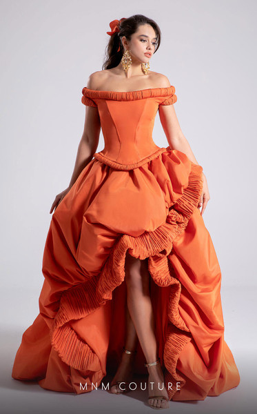MNM Couture F02913 Taffeta Off-shoulder Cap Sleeve Long Gown