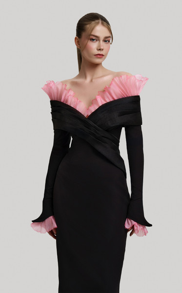 MNM Couture F02941 Ruffles Off-Shoulder Long Sleeve Gown