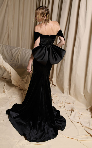 MNM Couture N0702 Velvet Structured Sleeve Off-shoulder Gown