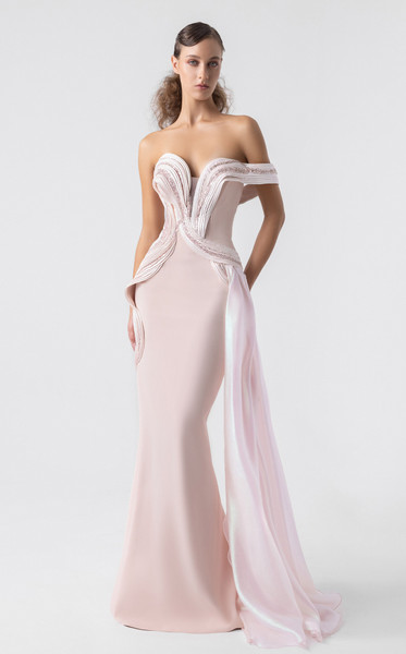 MNM Couture G1900 Crepe Plunging V-neck Off-Shoulder Gown