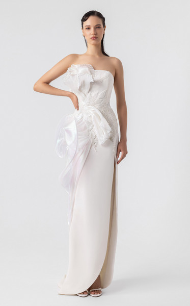 MNM Couture G1903 3D Holographic Strapless High Slit Gown