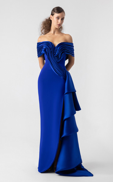 MNM Couture G1905 Satin Layers Off-Shoulder High Slit Gown
