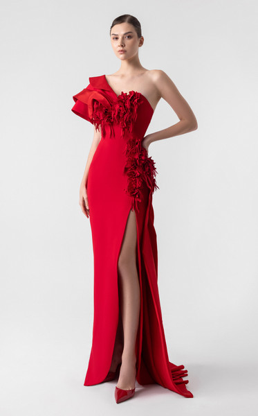 MNM Couture G1909 Satin 3D Laser-Cut One-Shoulder Long Gown