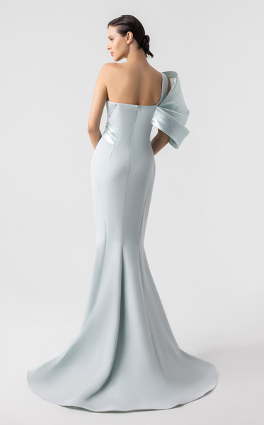 MNM Couture G1911 Crepe Metallic One Shoulder Fitted Gown