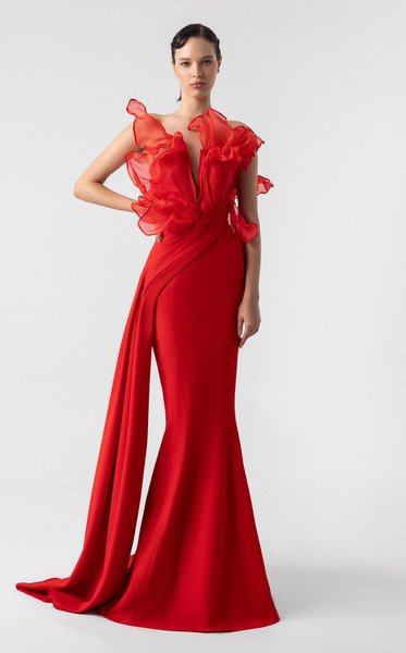 MNM Couture G1917 Textured Ruffles Plunging V-neckline Gown