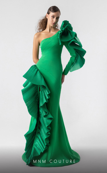 MNM Couture G1918 Asymmetrical Ruffles One Sleeve Long Gown