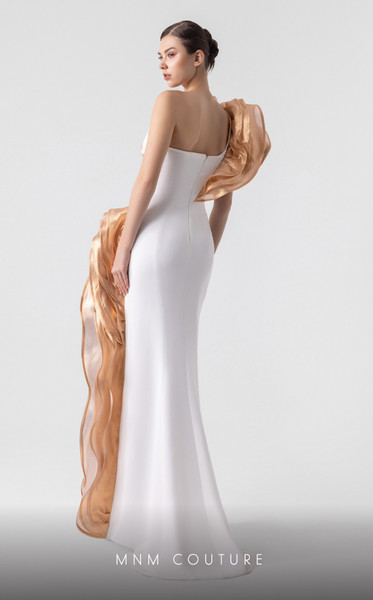 MNM Couture G1925 Bronze Cascading One Shoulder Long Gown