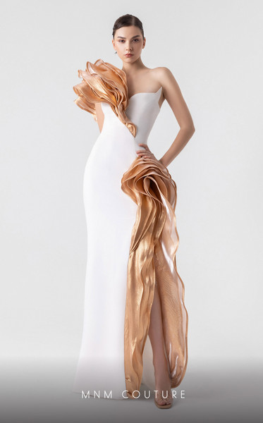 MNM Couture G1925 Bronze Cascading One Shoulder Long Gown