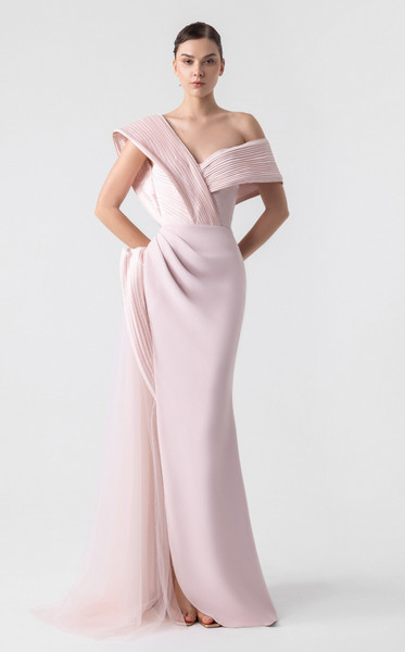 MNM Couture G1929 Asymmetrical Pleated Elegance Long Gown