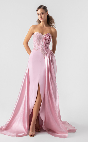 MNM Couture G1937 Lace Satin Organza Train Strapless Gown