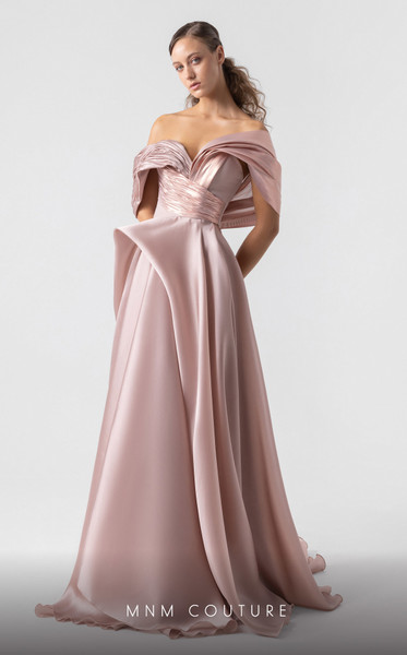 MNM Couture G1940 Satin Metallic Organza Off-shoulder Gown