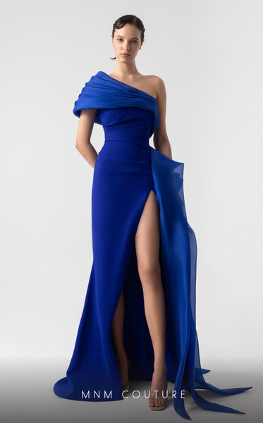 MNM Couture G1941 Crepe Asymmetrical Neck High Slit Gown