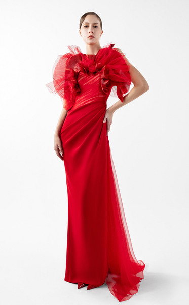 MNM Couture G2001 Crepe Flowing Tulle Layers Evening Gown