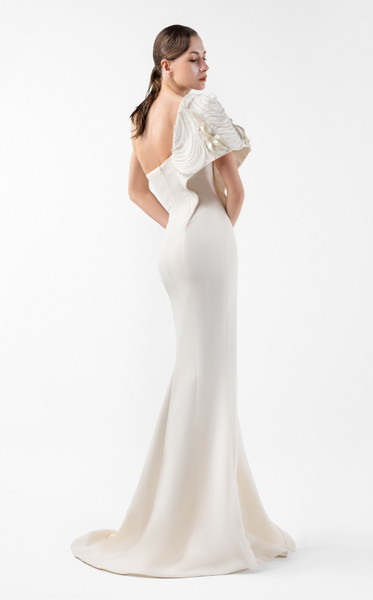 MNM Couture G2003 Crepe One-Shoulder Pearl Embellished Gown