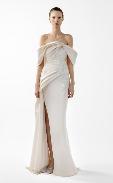 MNM Couture G2007 Crepe Embroidered Off-Shoulder Neck Gown