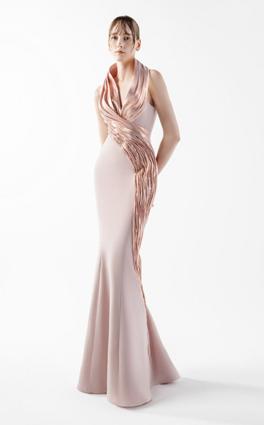 MNM Couture G2012 Lace Embellished Draped Halter Neck Gown