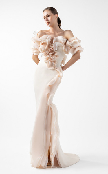 MNM Couture G2013 Crepe Peach Ruffles Sculptural Neck Gown