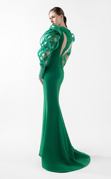 MNM Couture G2017 Crepe Illusion Long Sleeves Fitted Gown