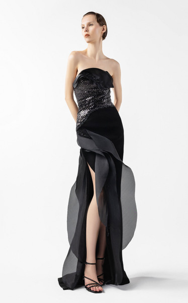 MNM Couture G2021 Crepe Lace Embellishes Strapless Gown