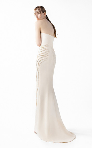 MNM Couture G2032 Crepe Ribbed Lace Three-Angle Neck Gown