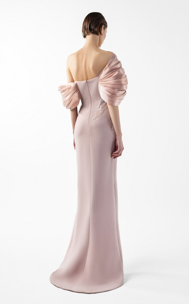 MNM Couture G2034 Crepe Metallic Off-Shoulder Neckline Gown