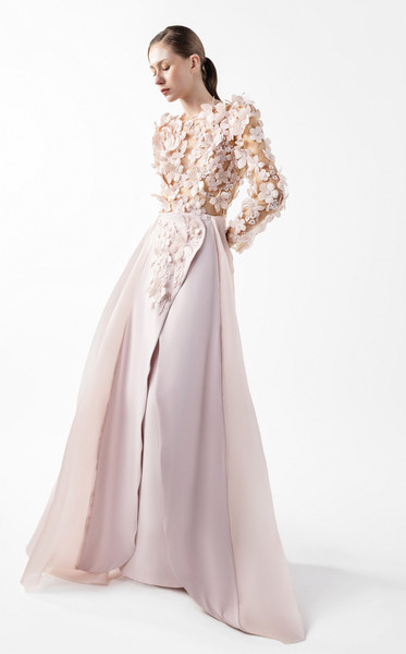 MNM Couture G2035 Floral Illusion Tulle Long Sleeves Gown