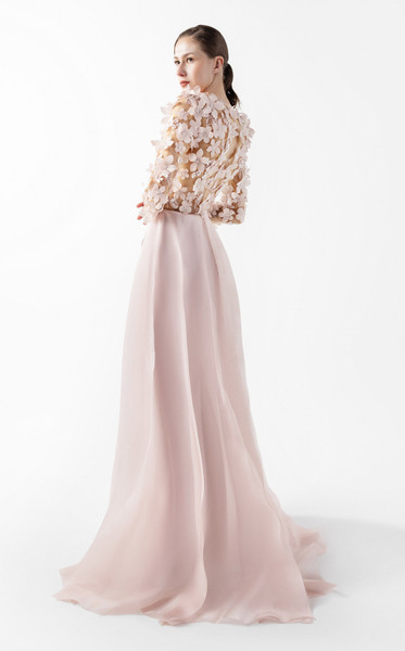 MNM Couture G2035 Floral Illusion Tulle Long Sleeves Gown