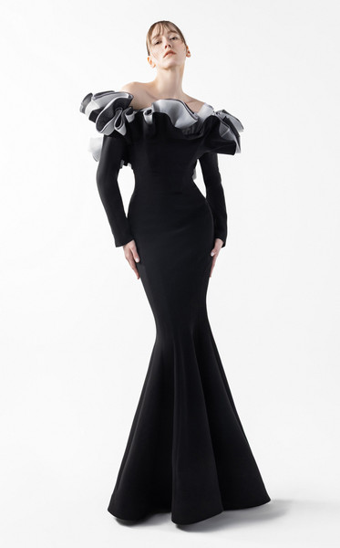 MNM Couture G2036 Sculptural Ruffles Off-shoulder Neck Gown