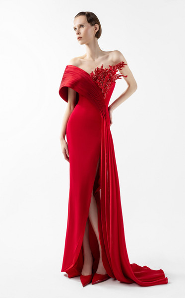 MNM Couture G2040 Crepe Scarlet Draped Off-shoulder Gown