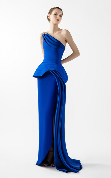 MNM Couture G2044 Asymmetrical Neck Corset Peplum Gown