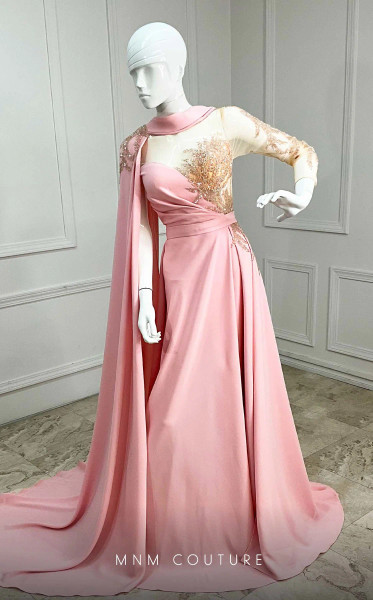 MNM Couture K4143 Rayon Crepe Mesh One Long Sleeve Gown