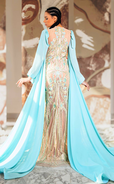 MNM Couture K4169 Beaded Jewel Neck Long Cape Sleeve Gown