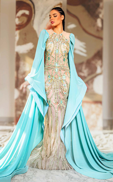 MNM Couture K4169 Beaded Jewel Neck Long Cape Sleeve Gown