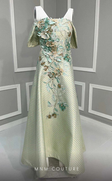 MNM Couture K4217 Embroidery Cap Sleeves Tea-length Dress