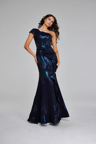 Jovani 40320 Jacquard Metallic Ruffles One Shoulder Dress
