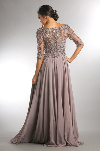Amelia Couture 746 Chiffon Beaded 3/4 Sleeve V-Neck Dress