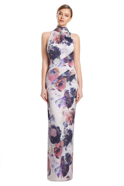 Alexander by Daymor 3201 Printed Satin Back-Tie Halter Gown