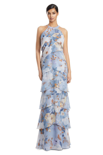 Alexander by Daymor 3268 Printed Chiffon Tiered Halter Gown