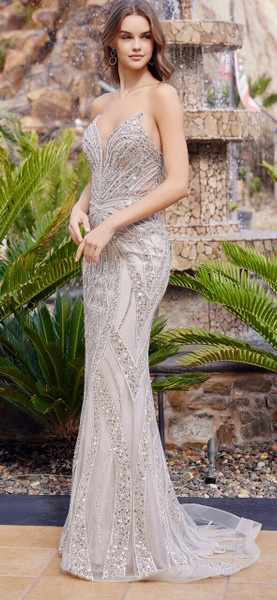 Nox Anabel C1833 Sequin Beaded Peaked Neck Strapless Gown