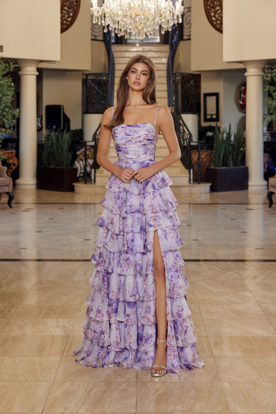 Nox Anabel Q1777 Floral Print Straight Across Pleated Gown