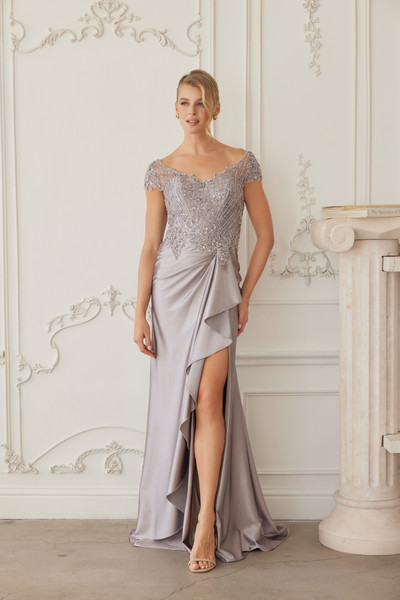 Nox Anabel MD155 Satin Beaded V-neckline Short Sleeves Gown